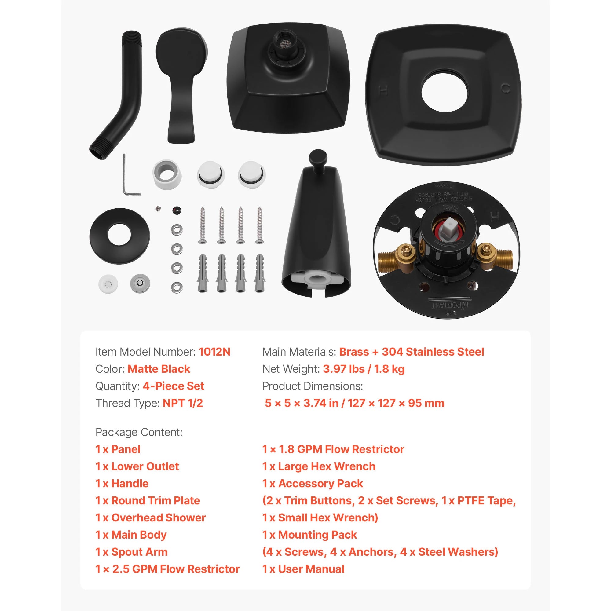 Tub & Shower Faucet Set with Rainfall Head and Pressure Balance Valve