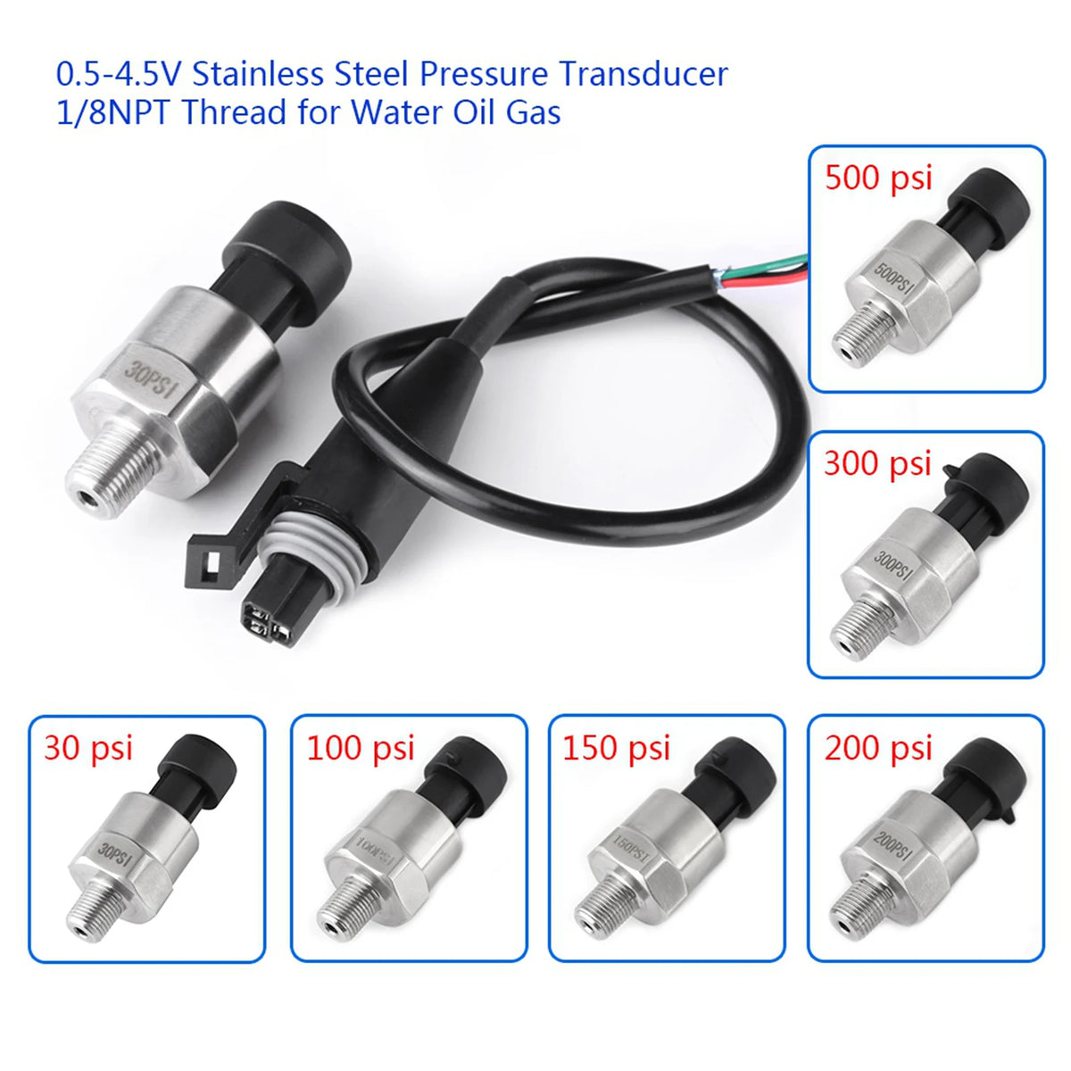 Sensor de Presión Rosca 1/8NPT, Transductor de Presión en Acero inoxidable para Aceite Combustible Aire Agua