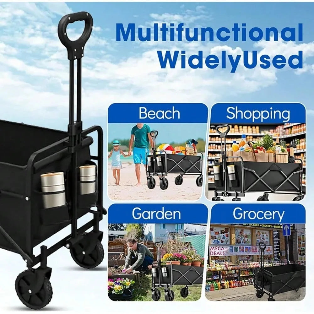 Heavy Duty Folding Utility Wagon Cart with All Terrain Wheels Collapsible for Beach Camping Garden - Portable Travel Wagon