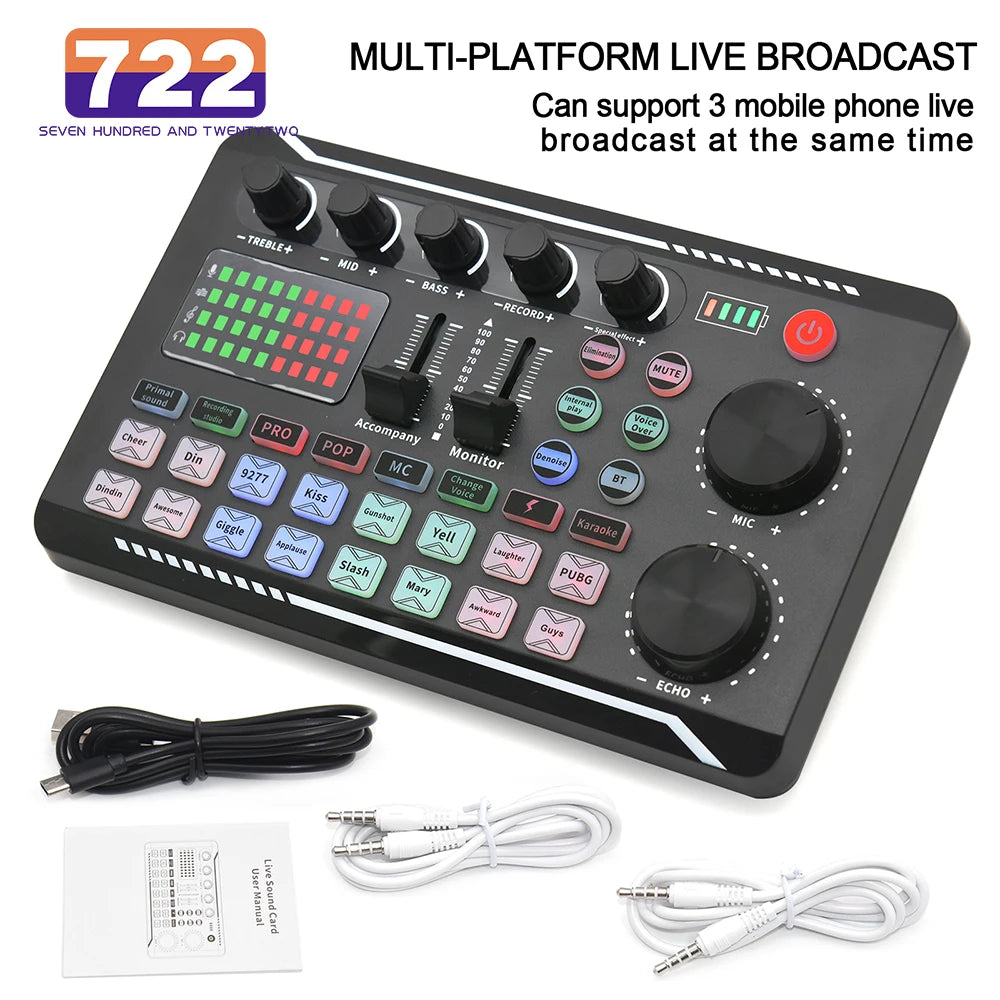 Live Sound Card And Audio Interface With DJ Mixer Effects Voice Changer Bluetooth-compatible Mixer For Live Streaming Singing 