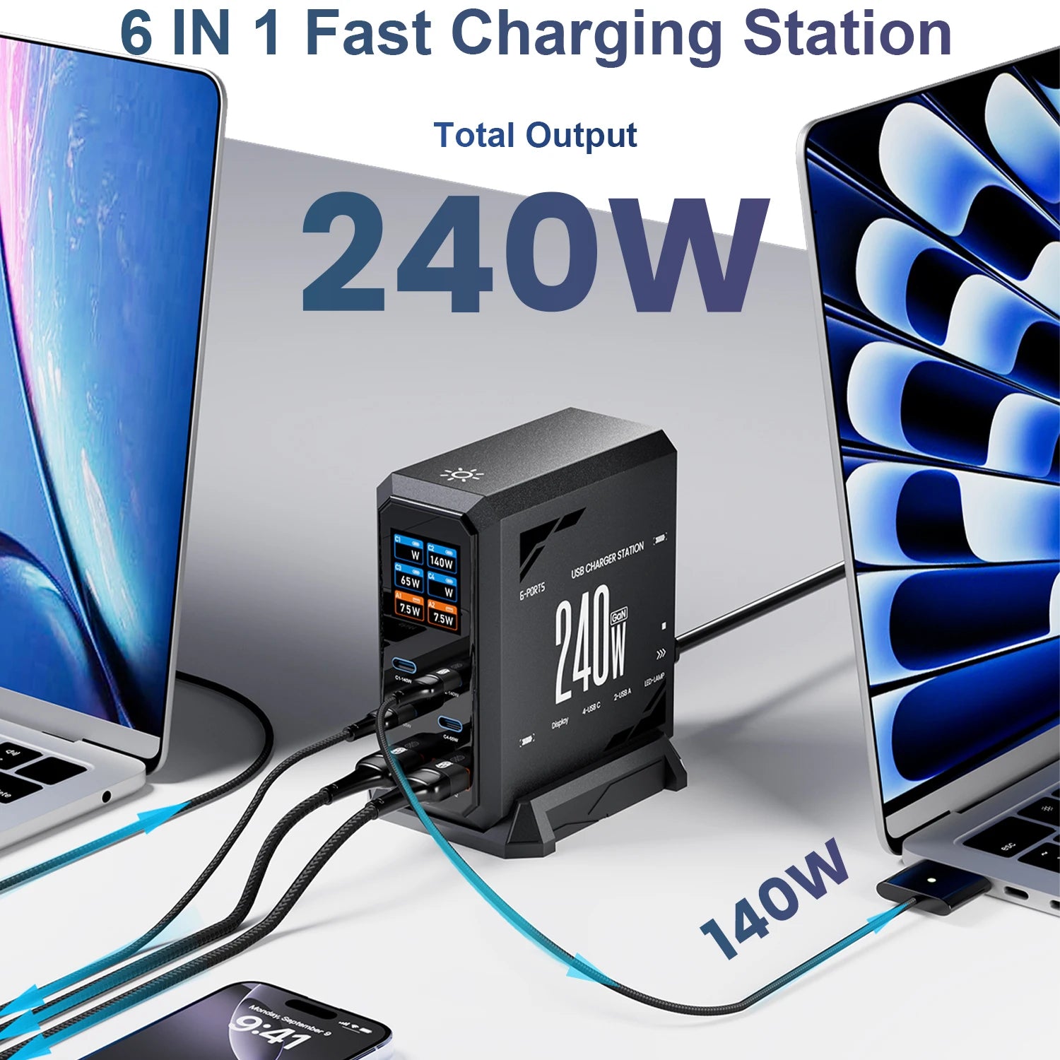 240W GaN rychlá nabíjecí stanice 6v1 USB-C a USB-A stolní nabíječka