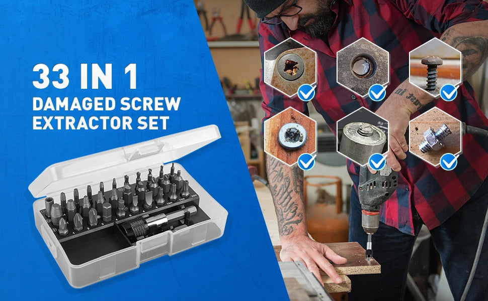 33 PCS Damaged Screw Extractor Kit with Sleeve Extension Drill Bit for Universal Guillotine Bolt Removal Screw Removal Tool