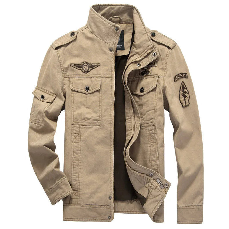 High-quality men's military jacket 2023 new multi-pocket collar embroidered sleeve pilot tooling plus size cotton jacket men 