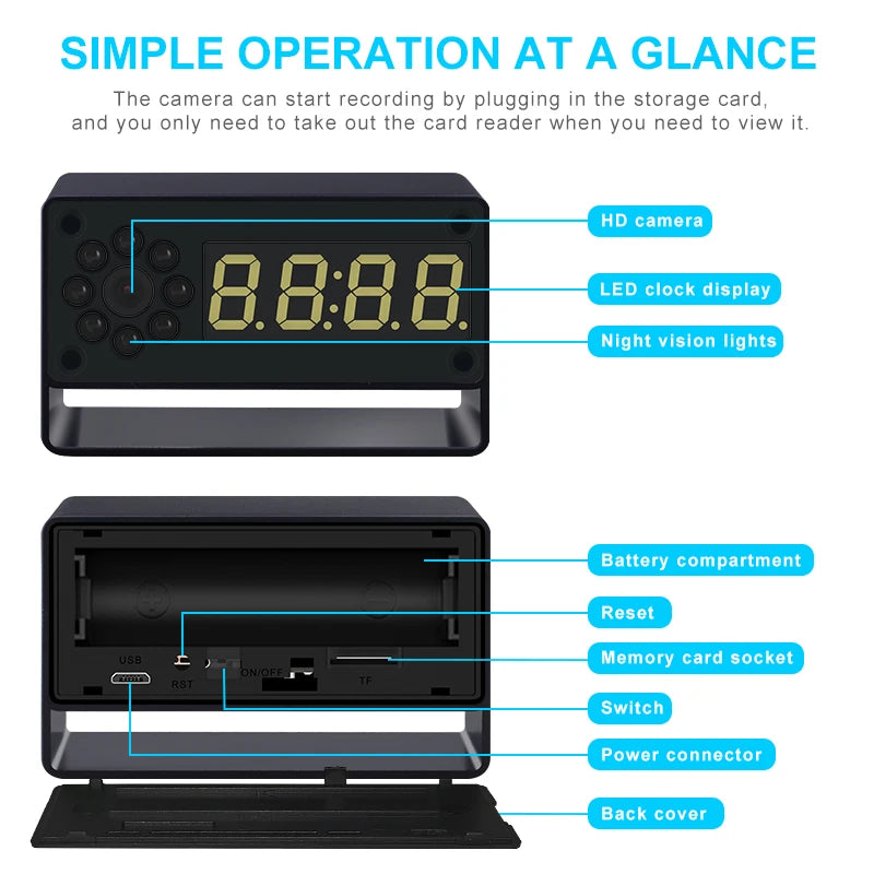 1080P Mini Clock Camera Remote Viewing With Night Vision and Motion Detection 140° Wide Angle Photo Video Recorder For Household