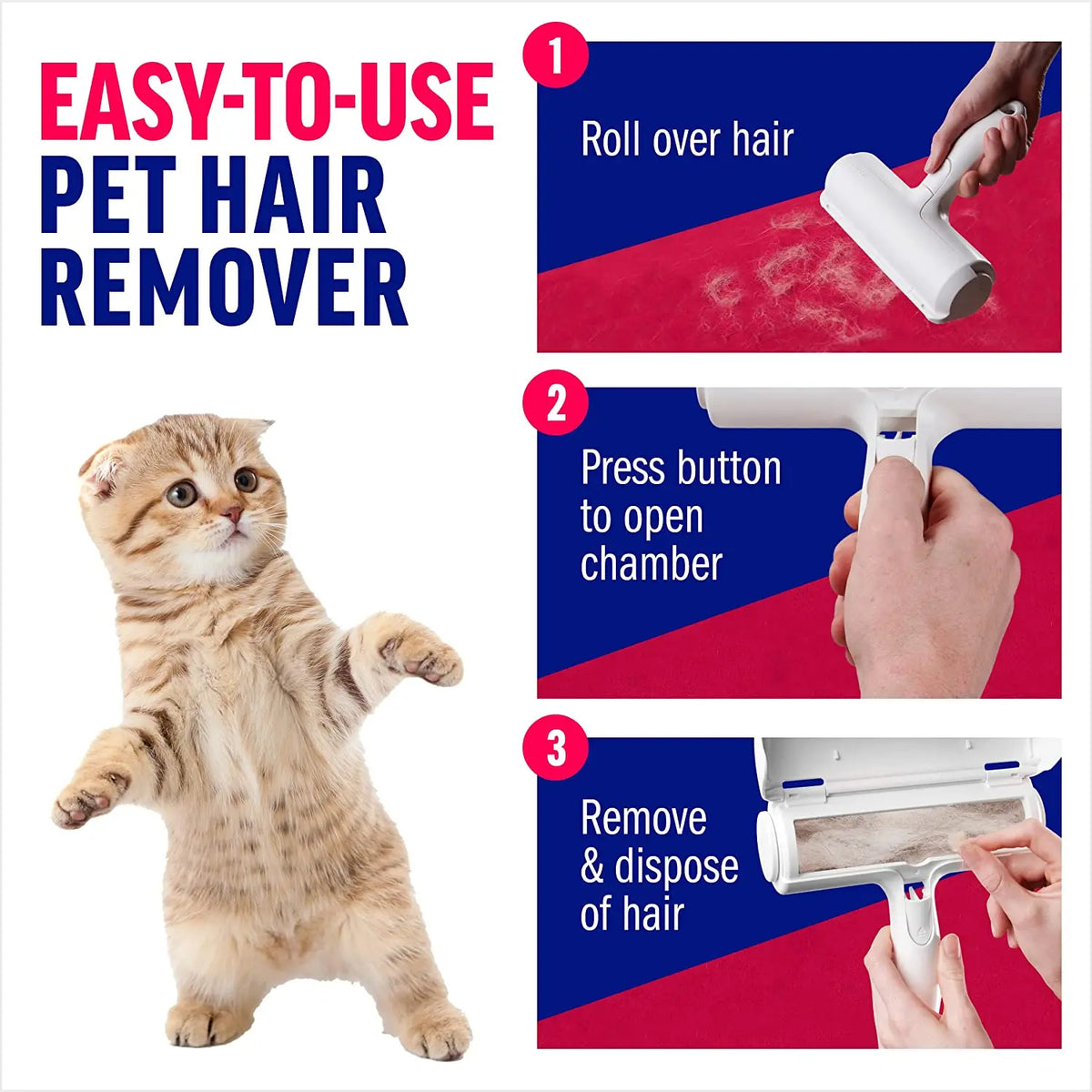 Rolo reutilizável para remover pelos de animais de estimação, com compartimento de recolha
