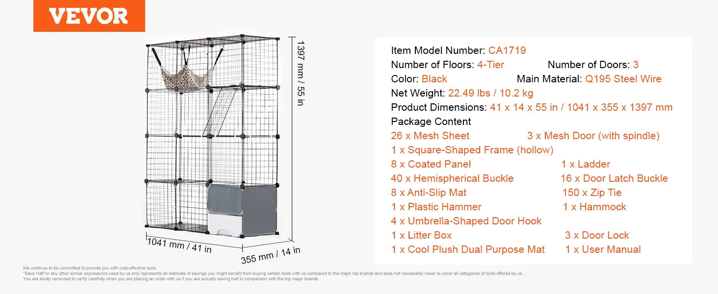 Gaiola grande para gatos SucceBuy, gaiola de metal com separação, jaula de arame com portas frontais, rede para gatos, rampa, escadas, casinha, espaço para exercício para gato