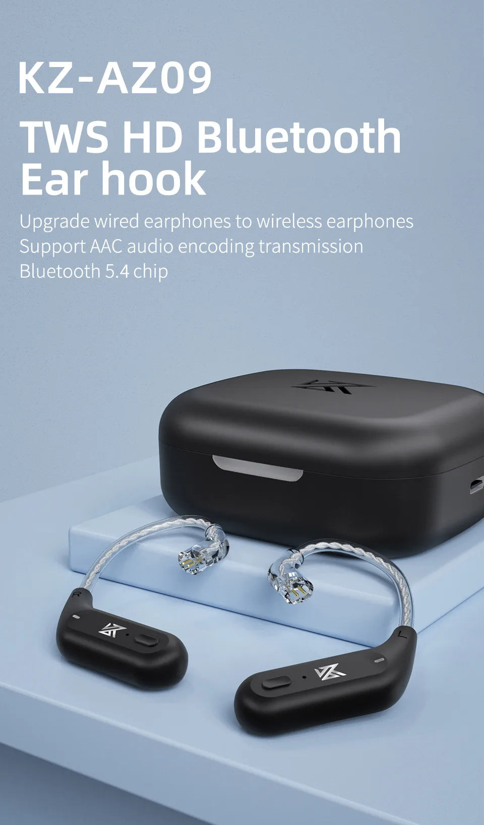 KZ AZ09 Wireless Upgrade Cable Bluetooth-compatible 5.2 HIFI Wireless Ear Hook C PIN Connector With Charging Case 