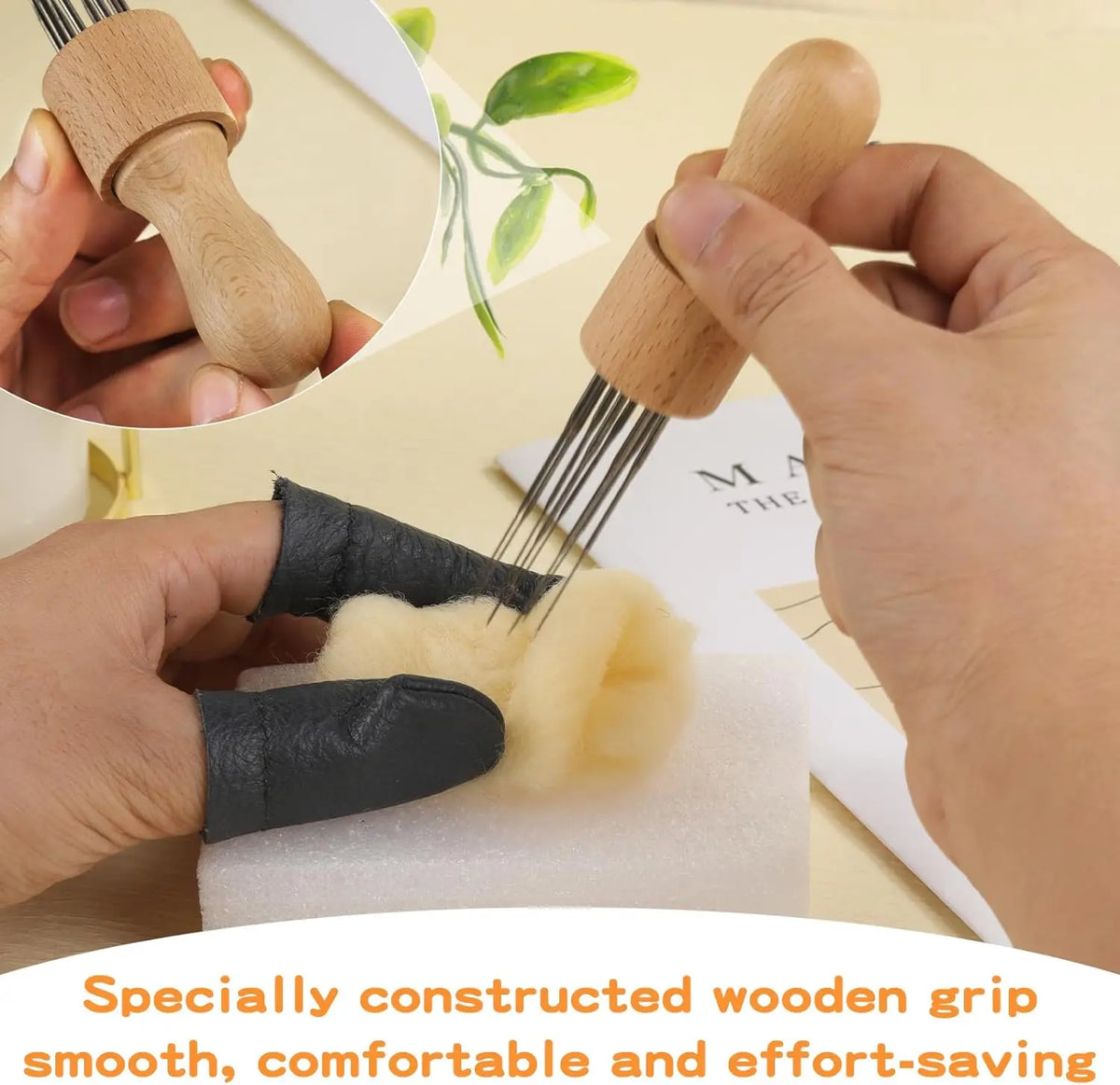 8-Needle Wooden Felting Tool with Finger Protectors