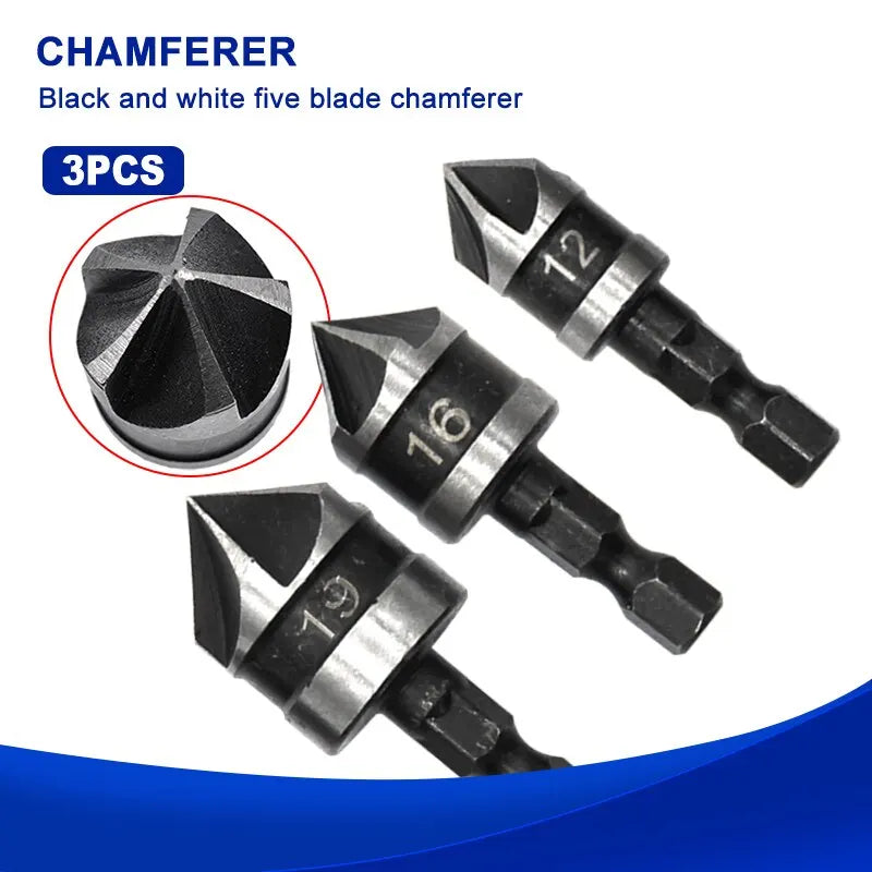 3PC Hexagonal Shank 90 Degree Black Five Blade Chamferer 12/16/19mm Countersink Drill Woodworking Hole Opener Tool Set 