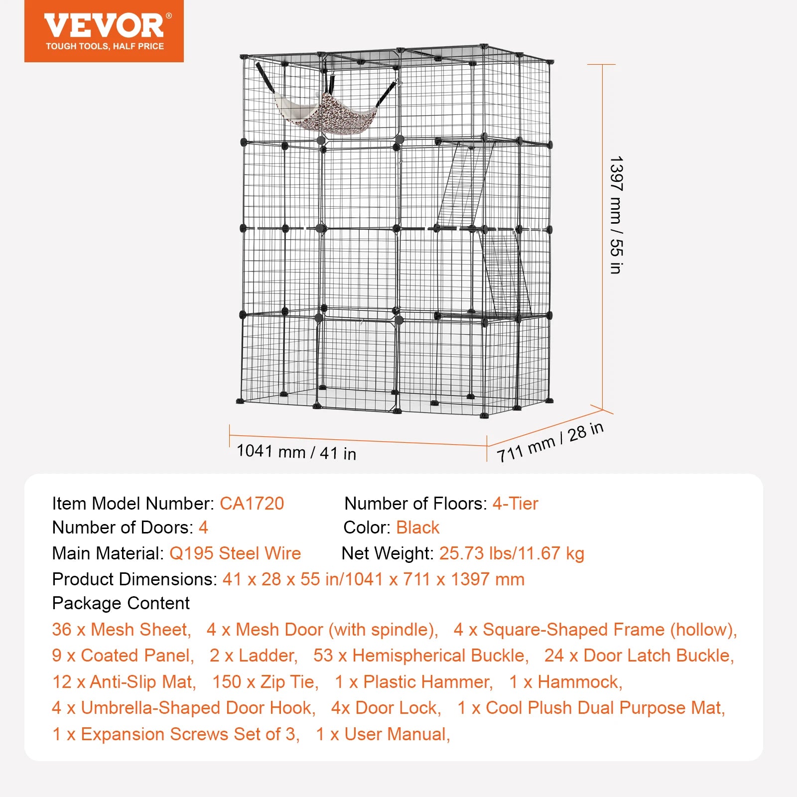 Gaiola grande para gatos SucceBuy, gaiola de metal com separação, jaula de arame com portas frontais, rede para gatos, rampa, escadas, casinha, espaço para exercício para gato