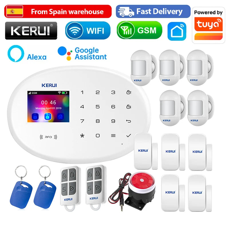 KERUI 433MHZ GSM+WiFi Heimalarm Kommt mit Tuya Smart Anti-Diebstahl Alarme Alarm System Kits Integrierte Batterie Sirene PIR Sensor