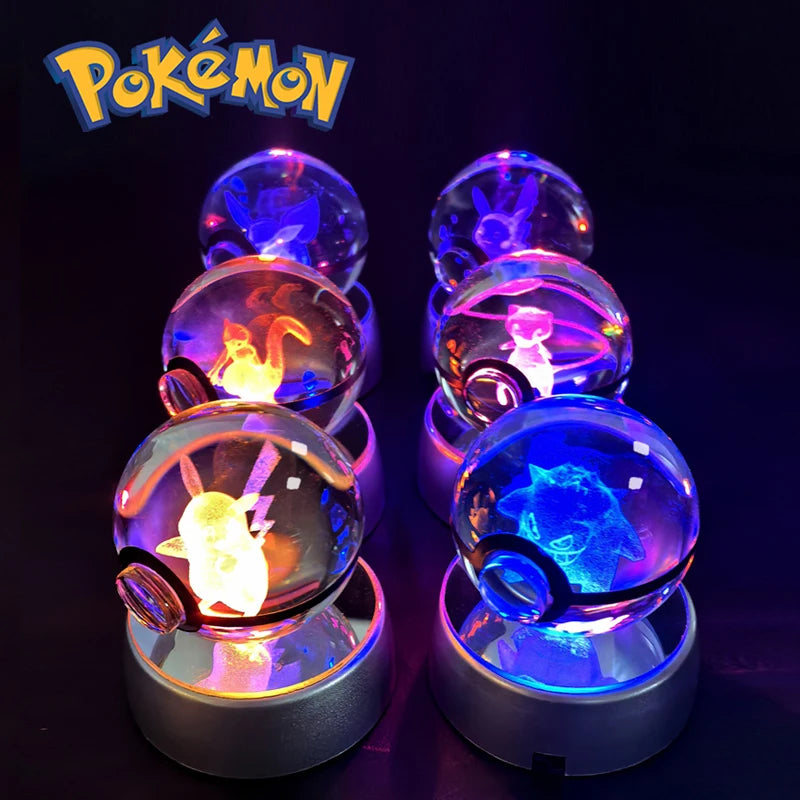 Pokemon Crystal Ball 3D Pikachu Gengar Mewtwo Night Light Lamp Pokeball 3D Glass Pokemon Crystal Ball Statue Kids Birthday Gift 