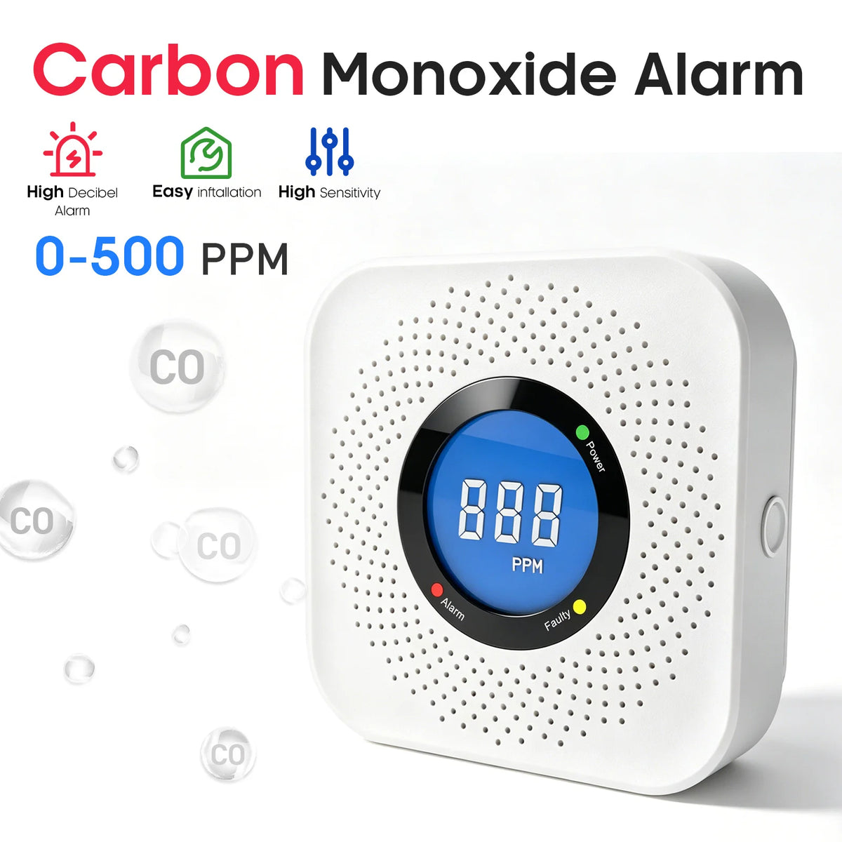 Carbon Monoxide Alarm Sensor with LCD Display, 85dB