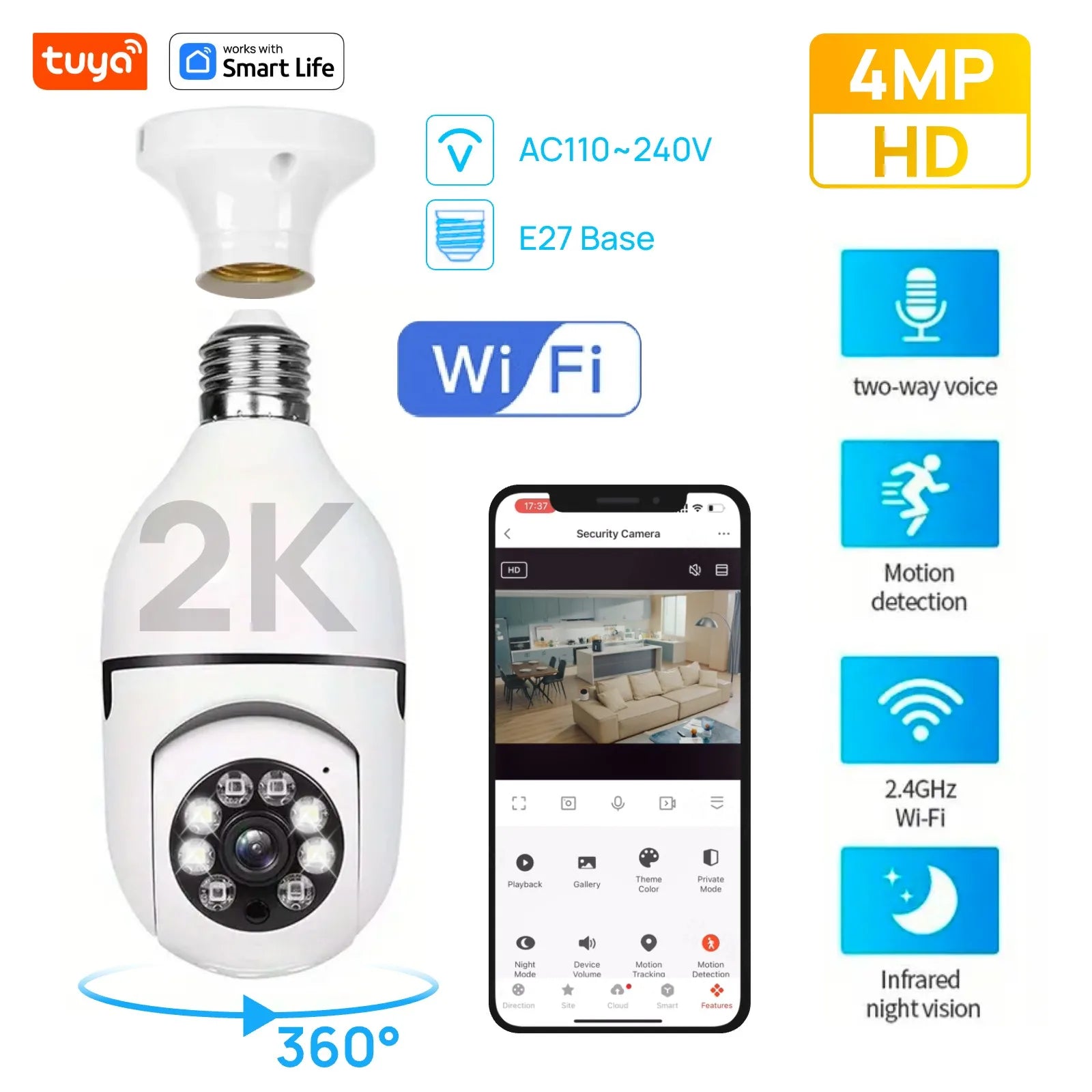 Tuya Smart Home 2.4G E27 Bulb Wifi Surveillance Camera HD Night Security Video Surveillance Supprt Two Way Audio Mobile Motion 