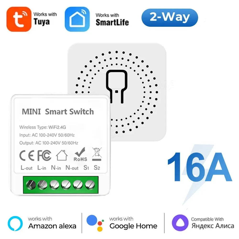 Tuya Mini 16A WiFi Switch Smart Life App 2 Way Control Smart Home Automation Module Interruptor Work for Alexa Google Home 