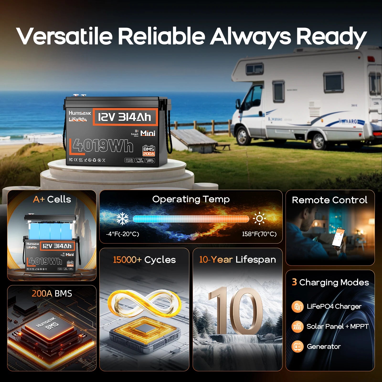 12V 314Ah LiFePO4 Batterie mit 200A BMS für Wohnmobil, Marine & Solar