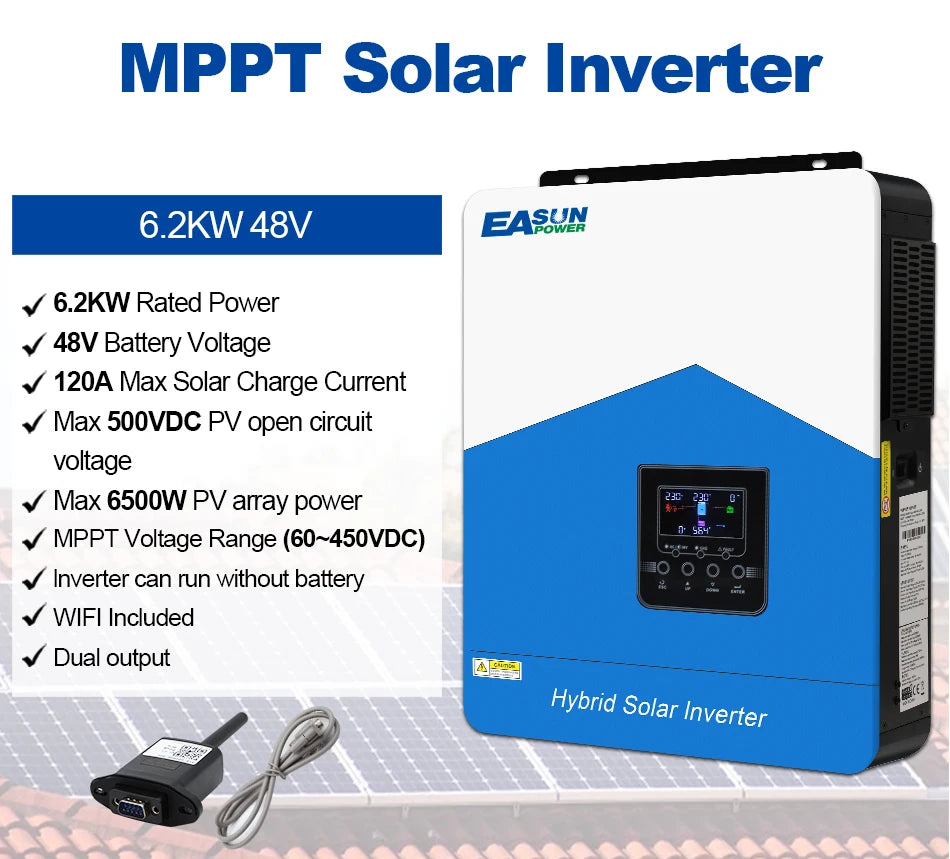 EASUN POWER Hybrid Solar Inverter 6.2KW 4.2KW 3.2KW 2.2KW Pure Sine Wave MPPT 12V 24V 48V 220v Solar Charger Power Home Inversor