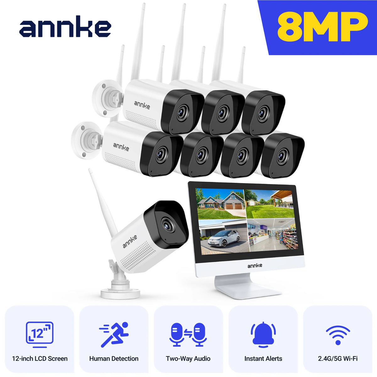 8MP WiFi Security Camera System with 12 Inch LCD