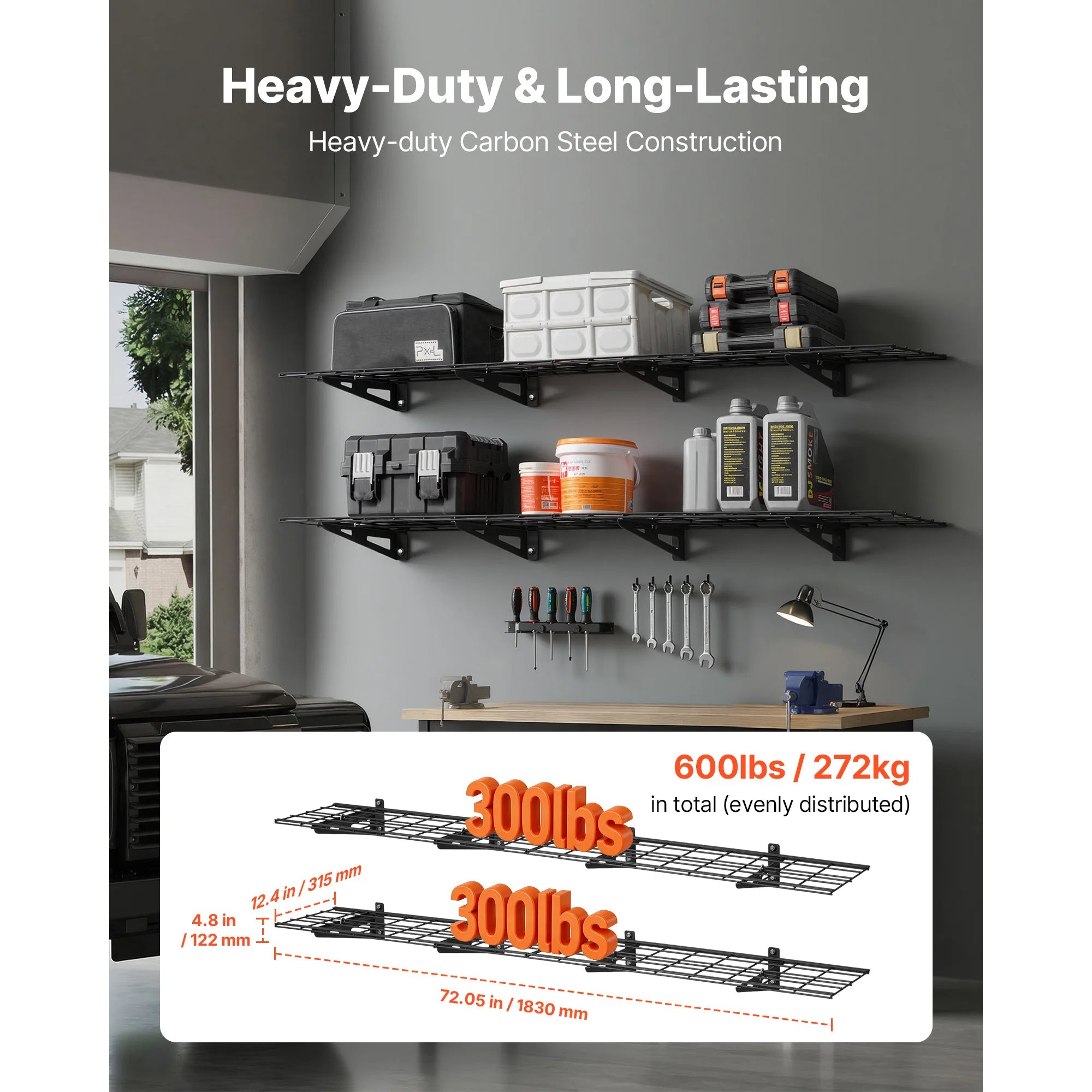 2-Pack Wall Mounted Garage Shelves 12x72 in Heavy Duty Steel 600 lbs Total