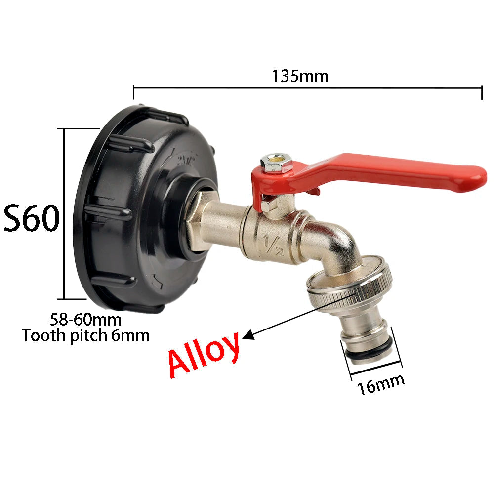 IBC Tank Tap Adapter S60*6 Coarse Thread to Brass/Alloy 16mm Quick Connect Replacement Valve Garden Home Valve Fitting Faucet 