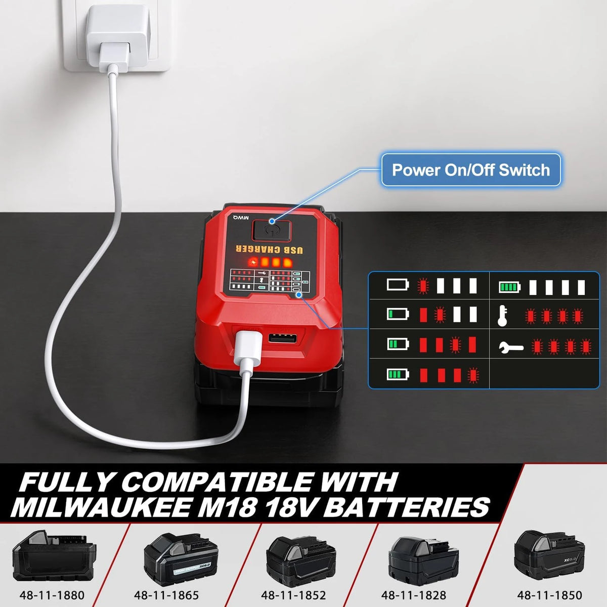 100-W-USB-C-Ladegerät für Milwaukee-18-V-Akkus - Netzteil mit USB-A