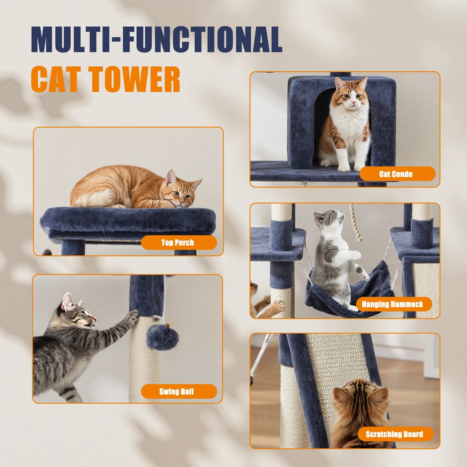 Arbre à chat multi-niveaux de 63" avec condo, hamac et poteaux en sisal