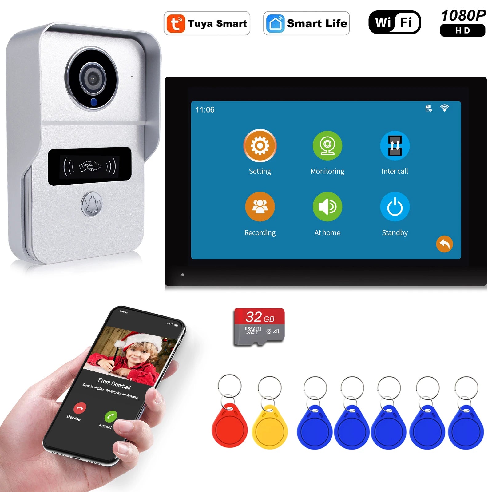 Wireless Wifi Video Doorbell System, 1080P Doorphone Door Camera, 7 Inch Touch Screen, Video Intercom 32GB SD card for Home Spy-shop.com