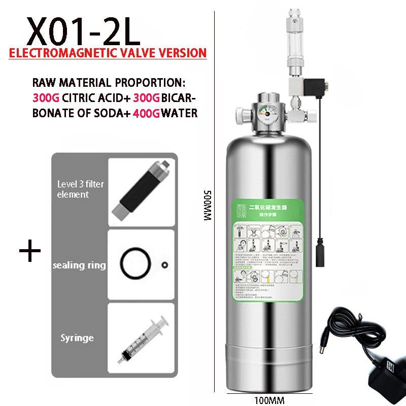 Stainless Steel Aquarium CO₂ Generator Kit — 1 L or 2 L