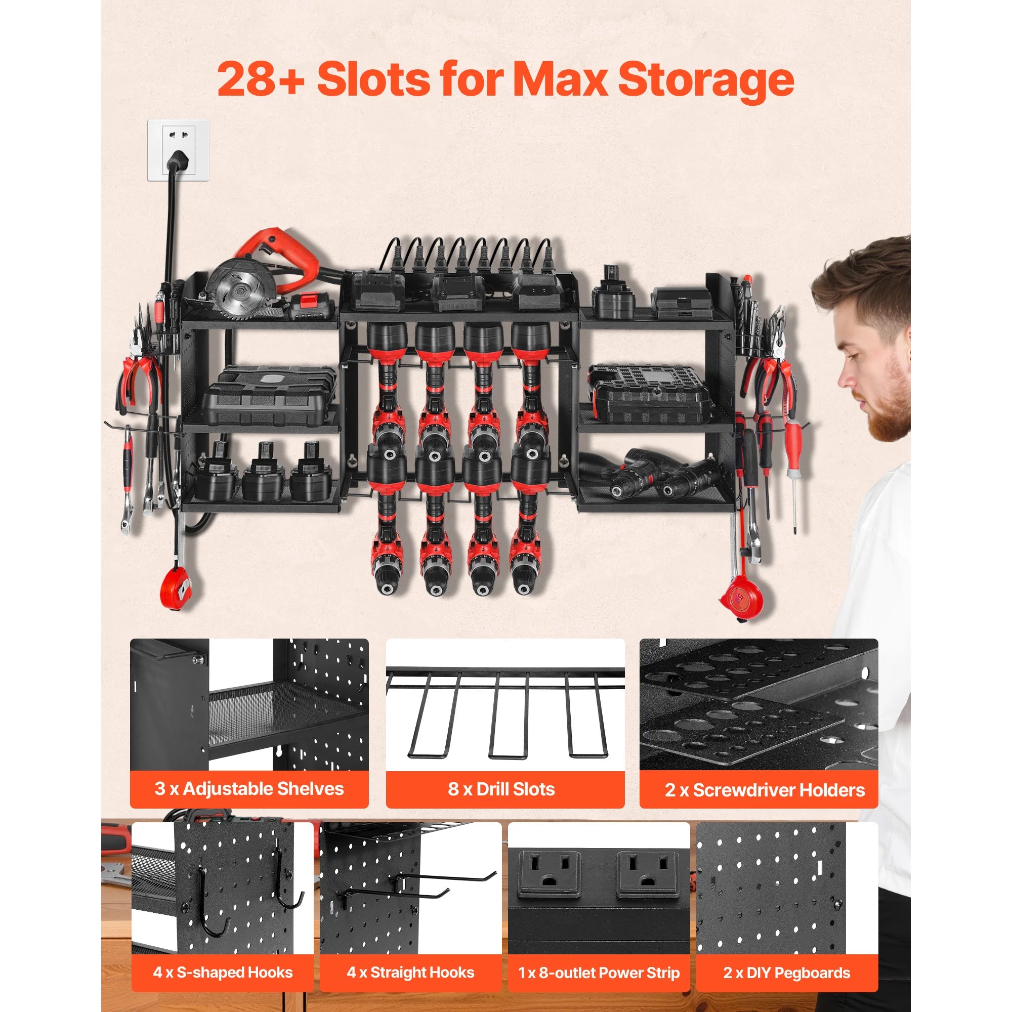 3-Tier Power Tool Organizer with 8-Outlet Charging Station Rack