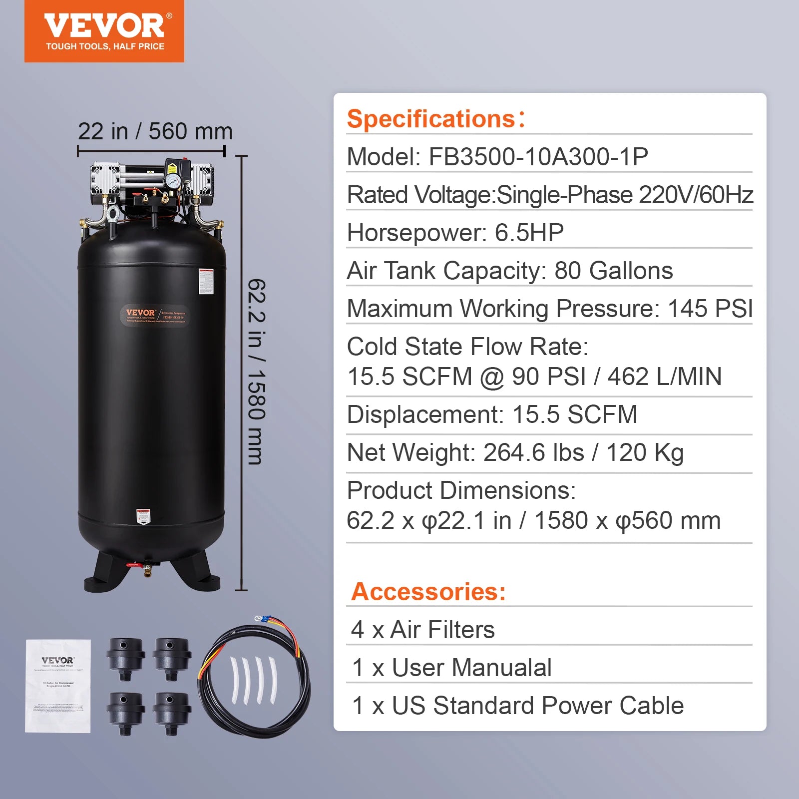 SucceBuy 80 gallon luftkompressor 6,5 HP 145 psi oljefri luftkompressor Ultra tyst kompressor för industriella arbetsplatser Autoreparation