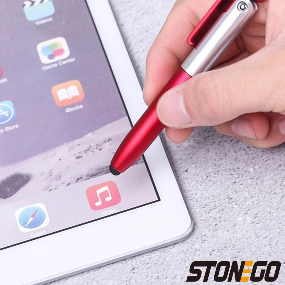 STONEGO Multifunction 4-in-1 Foldable Ballpoint Pen Stylus (Flashlight + Support) for Tablet Cellphone 
