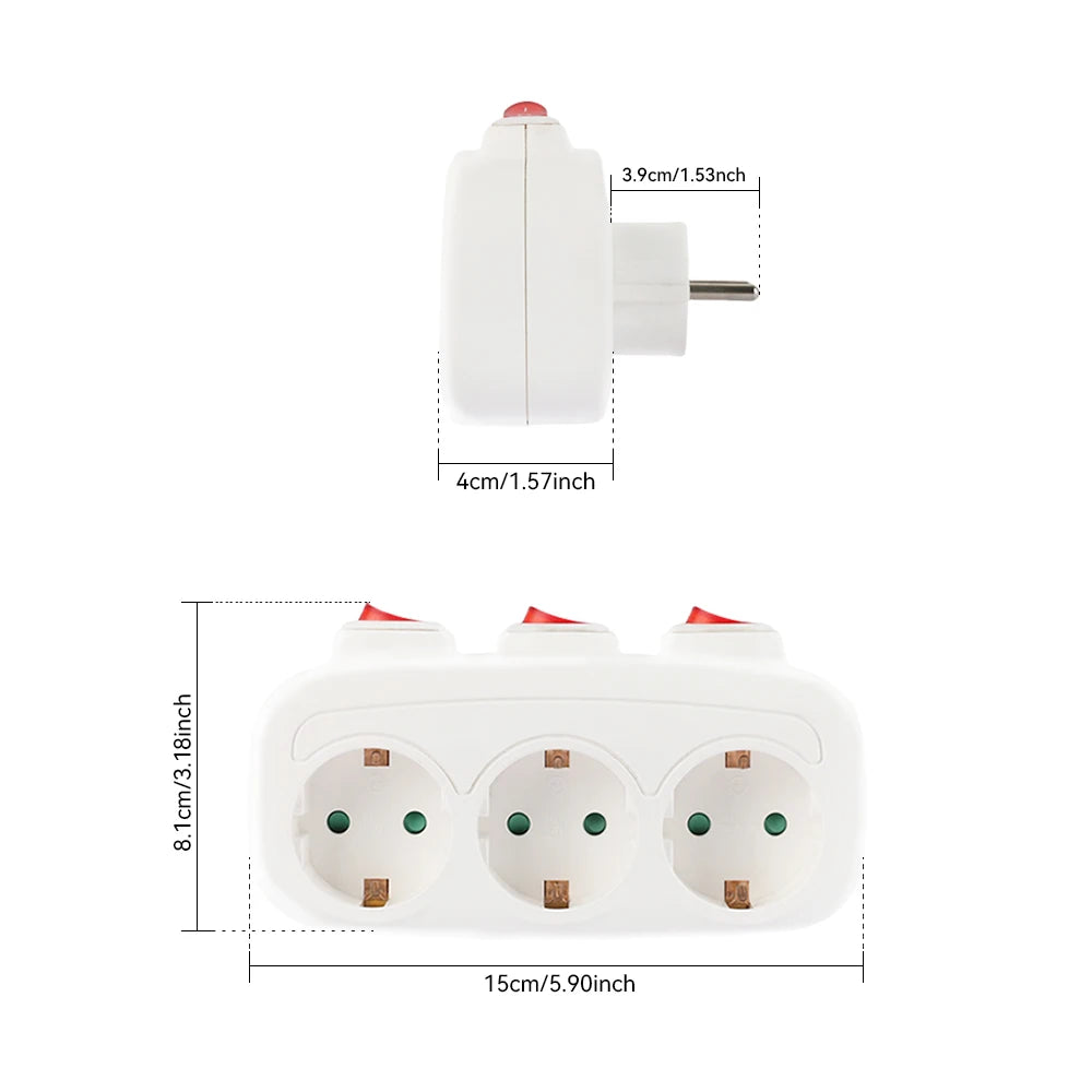 EU Three-Socket Wall Adapter with Switches