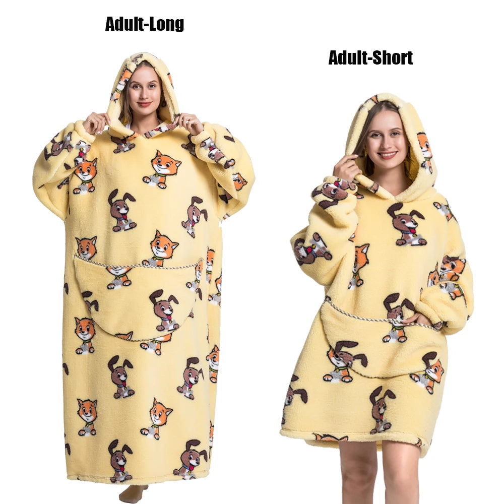 Women Plush Fleece Blanket Men Warm Thick Hoodies Adult Giant TV Blanlets with Sleeves Super Long Cold-proof Homewear Pajamas 