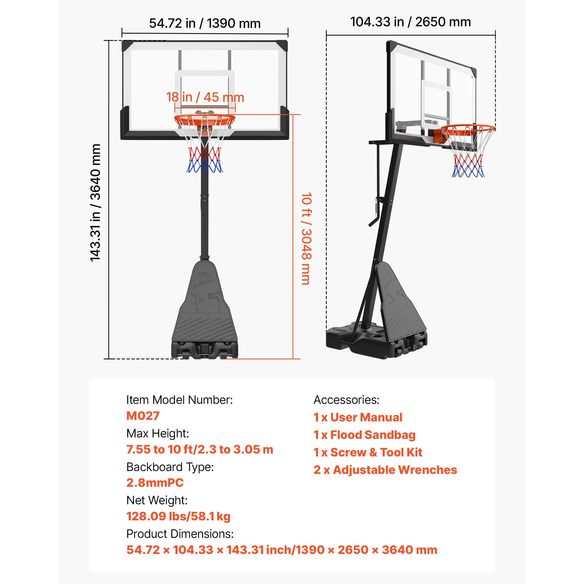 Système de panier de basket-ball portable réglable avec panneau de 44 à 54 pouces