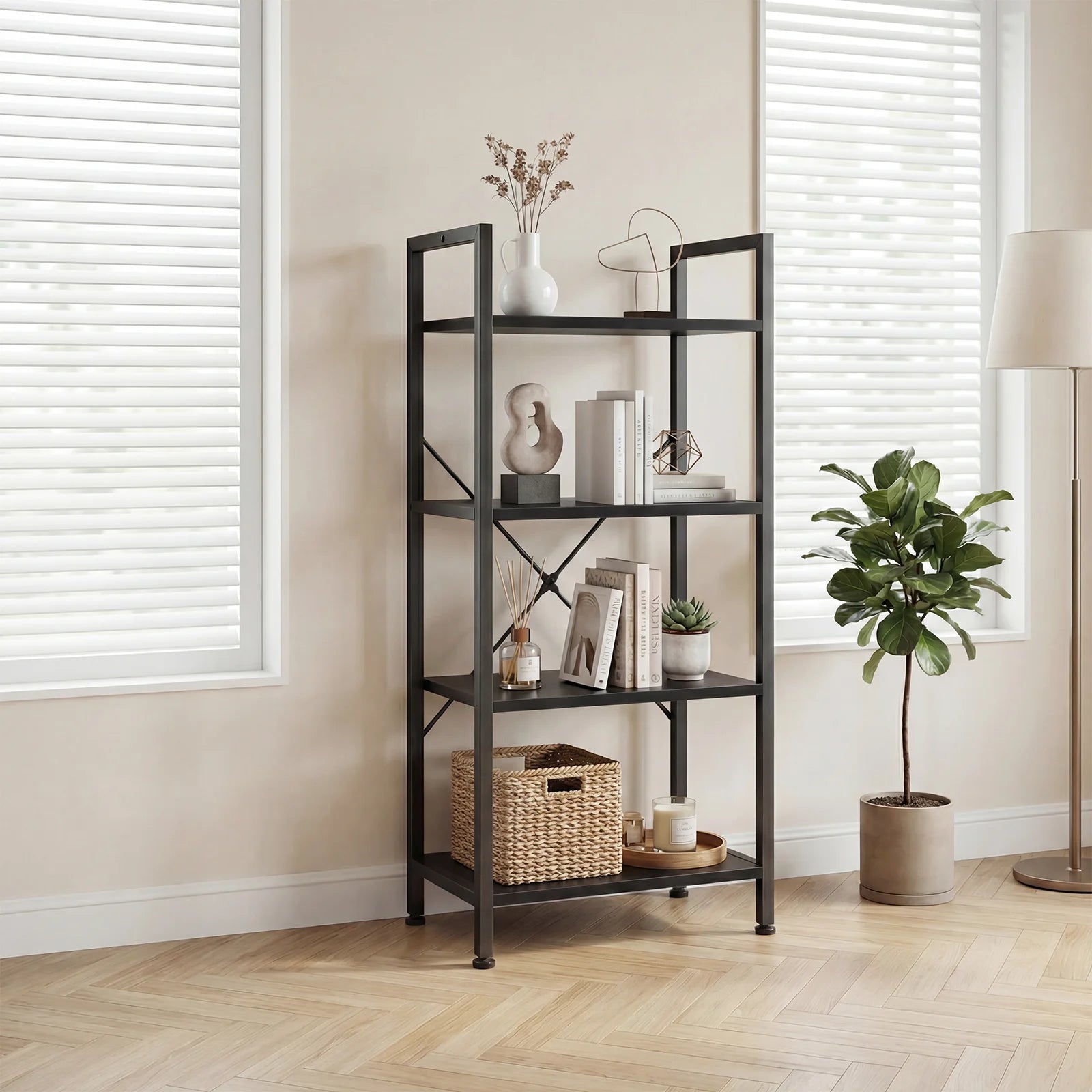 4 Tier Wooden Display Bookshelf with Metal Frame Storage Shelf