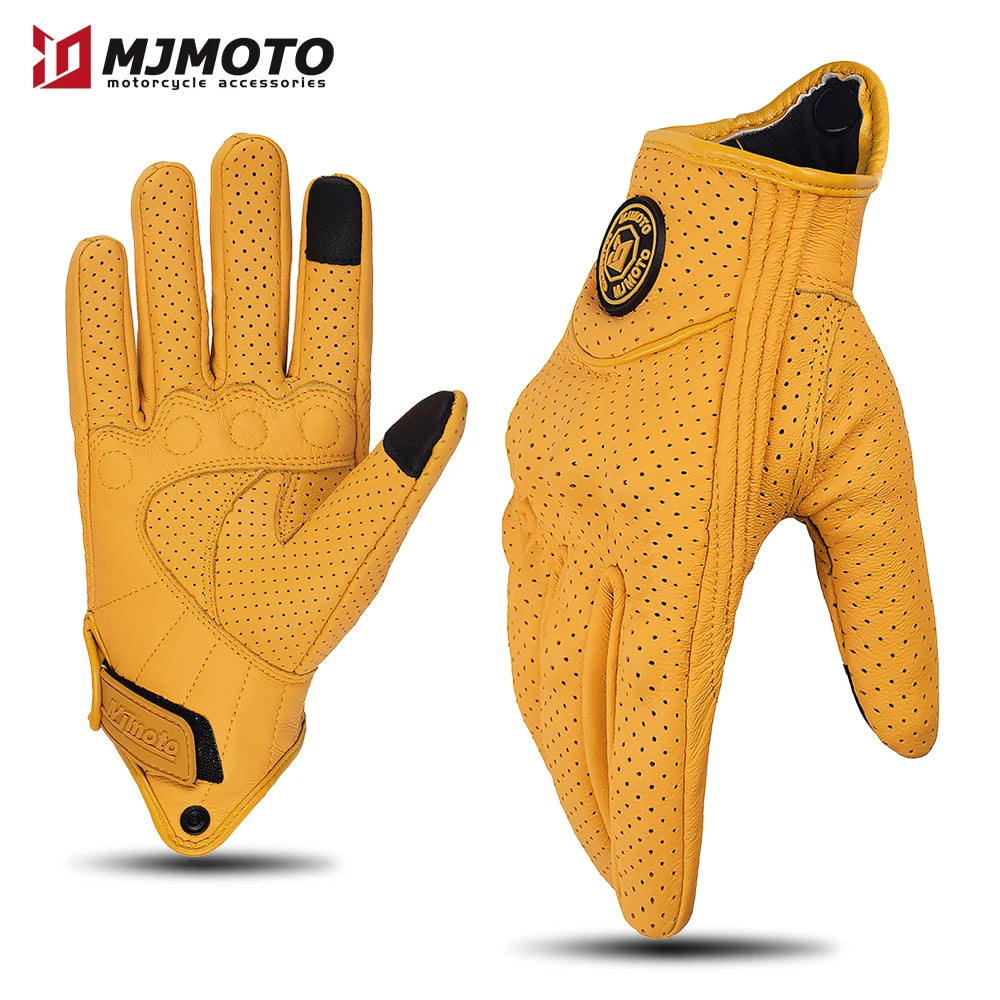 Retro Yellow Leather Motorcycle Gloves Men Women Breathable Perforated Motorbike Racing Gloves Touch Screen Motocross Moto Glove 