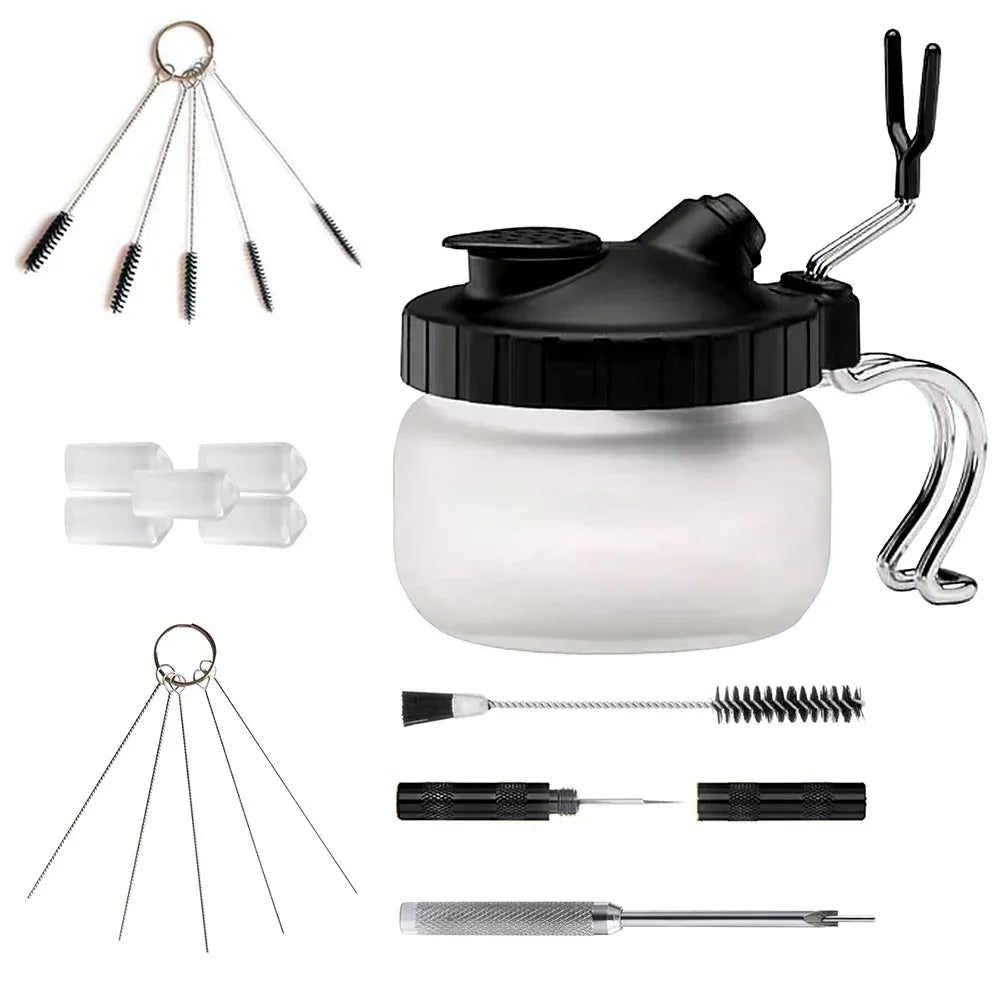 Kit de limpeza para aerógrafo, frasco de limpeza com suporte e escovas/agullhas de limpeza, escova de dupla extremidade, tampas de proteção para aerógrafo