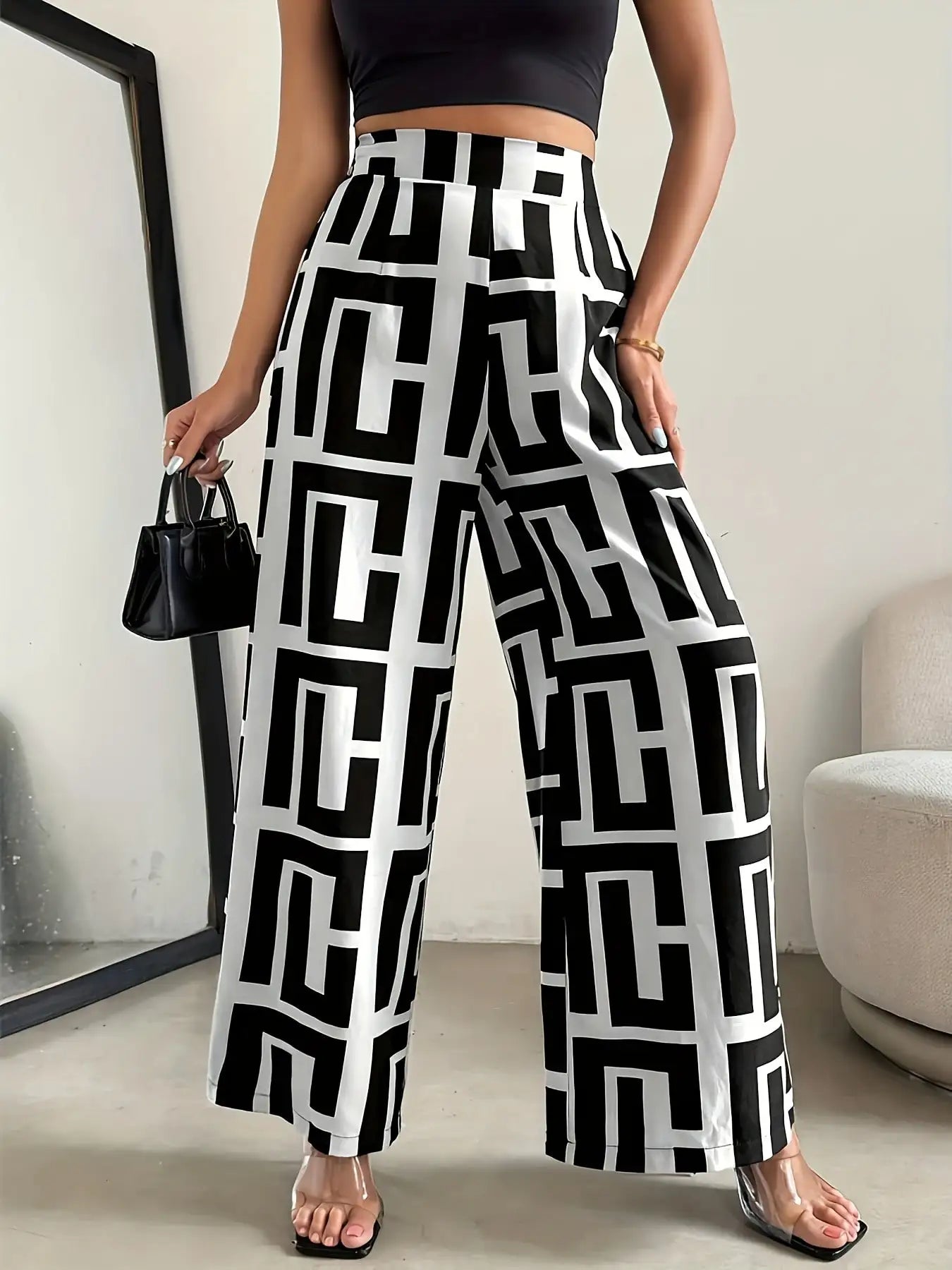 Bohemian Wide Leg Pants with Elastic Waist and Checkered Print