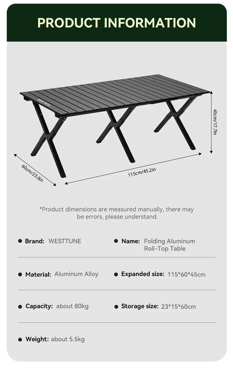 Aluminum Folding Camping Table for 6, Roll-Up Outdoor Use