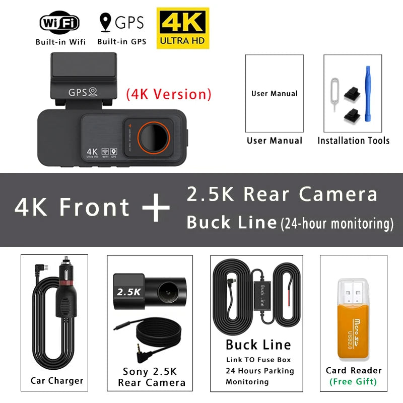Dash Cam Dual Lens 4K UHD Recording Car Camera DVR Night Vision Video Recorder GPS Wi-Fi Room Black Box 2.5K Rear View Camera 