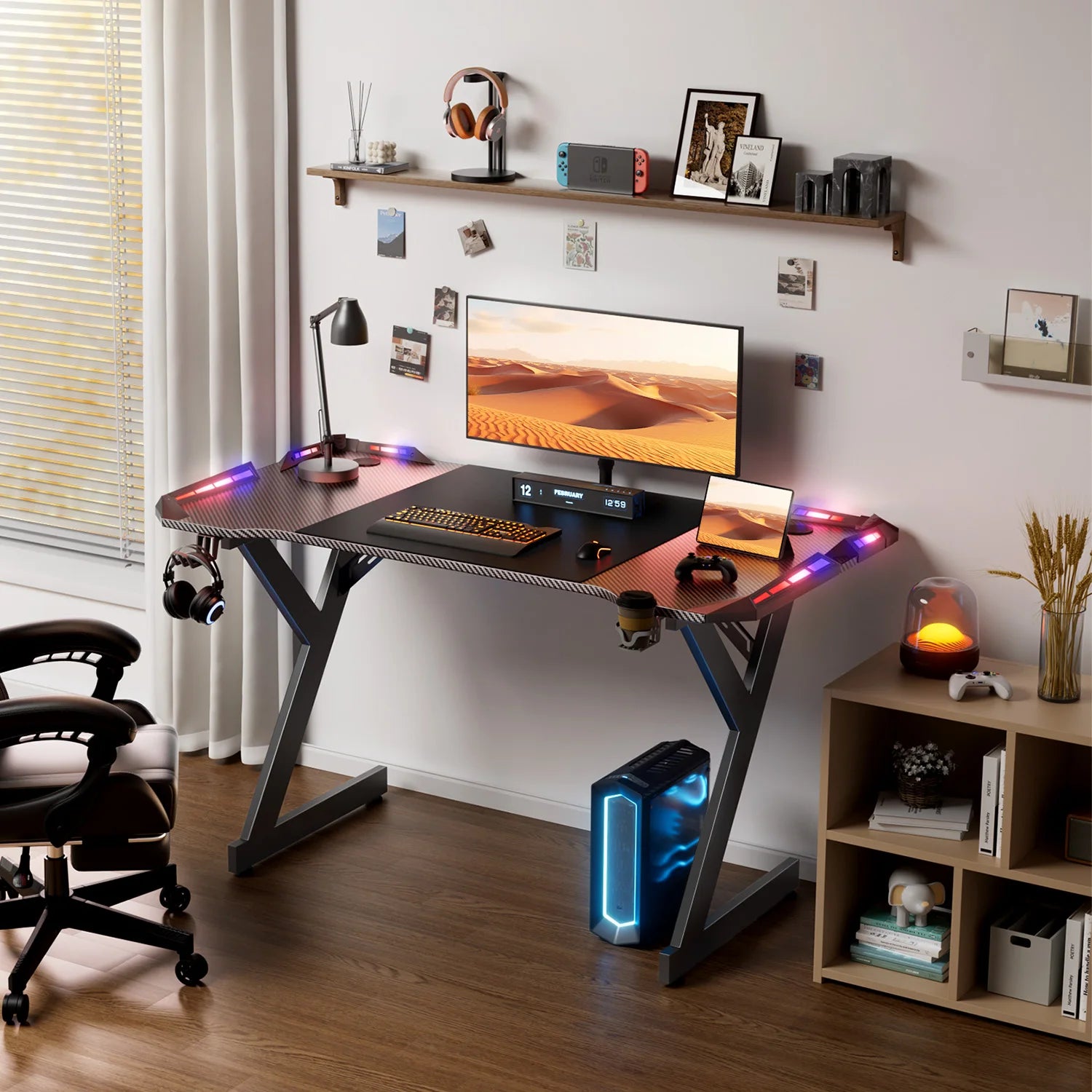 Y-Shaped RGB Gaming Desk with Cup Holder and Headphone Hook