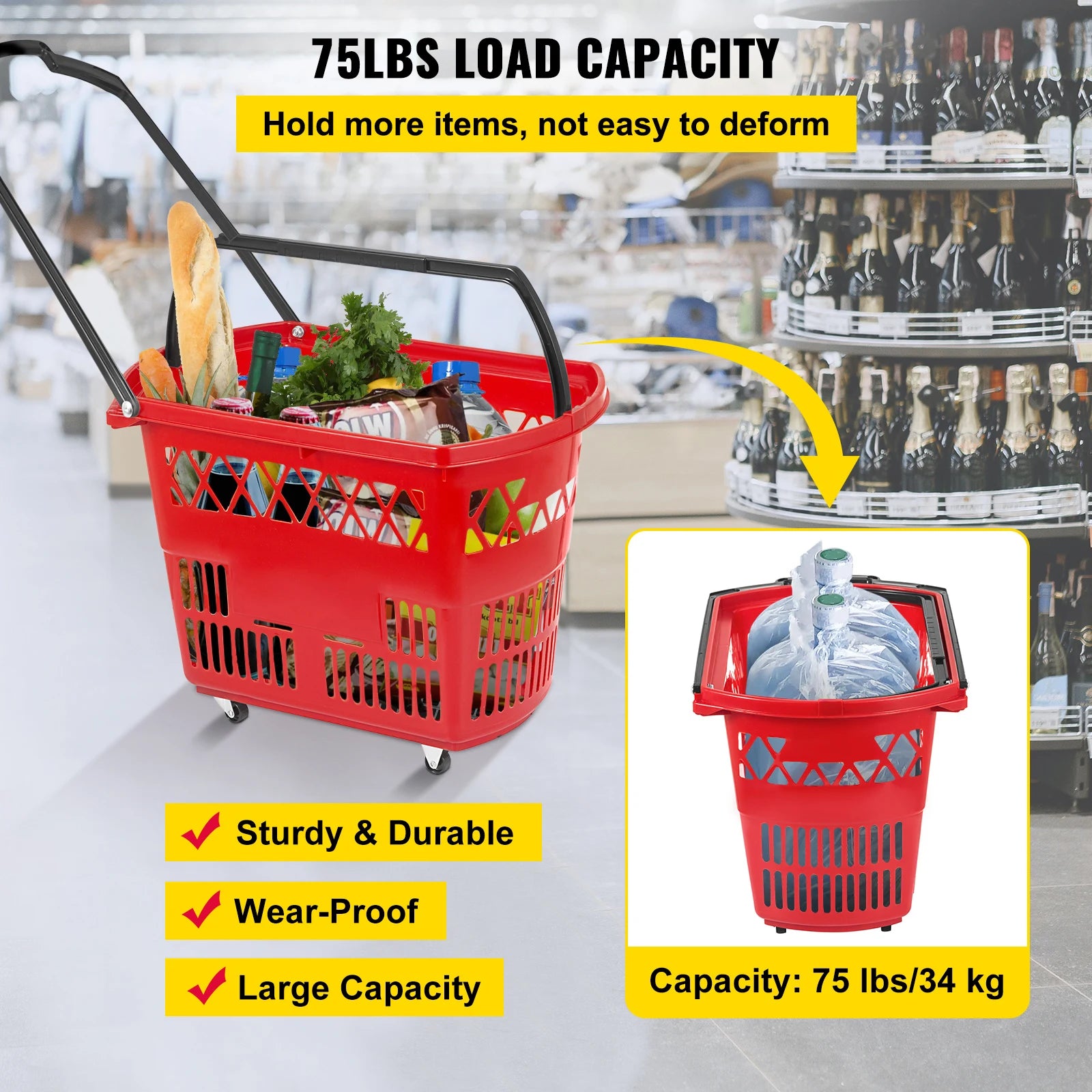 6-Pack Rolling Shopping Baskets with Wheels & Dual Handles