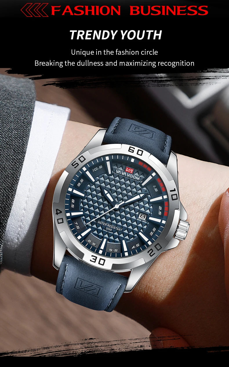 VA VA VOOM Men Casual Sport Military Quartz Calendar Wrist Watch for Man Business Leather Waterproof Male Clock Relogio Masculin 