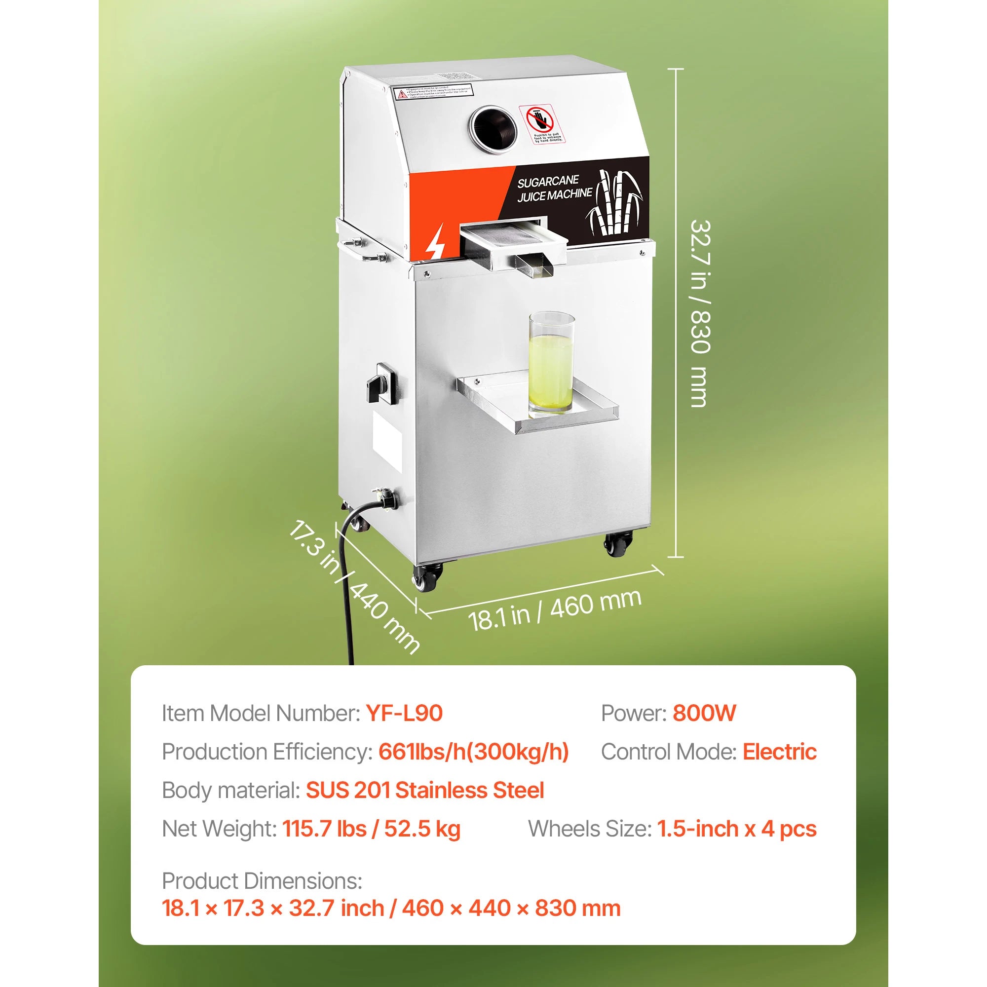 Commercial Sugar Cane Juicer 800W High Output 3-Roller Machine