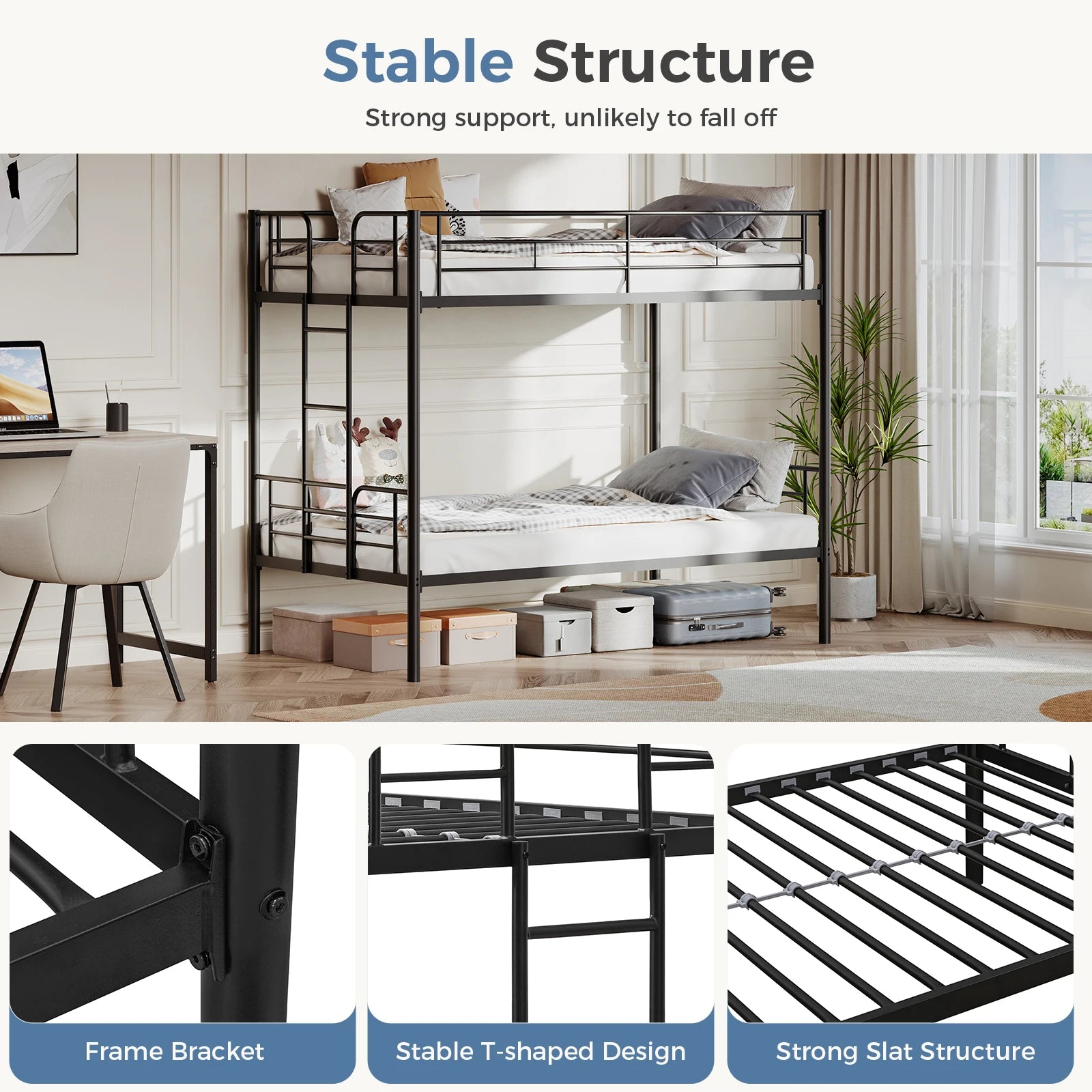 Heavy Duty Metal Bunk Bed Frame with Ladder & Guardrails