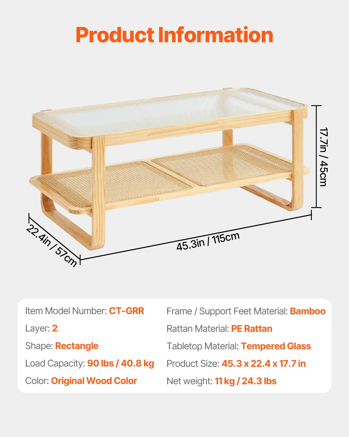 Rattan Coffee Table with Storage Shelf Boho Rectangle 42–47in