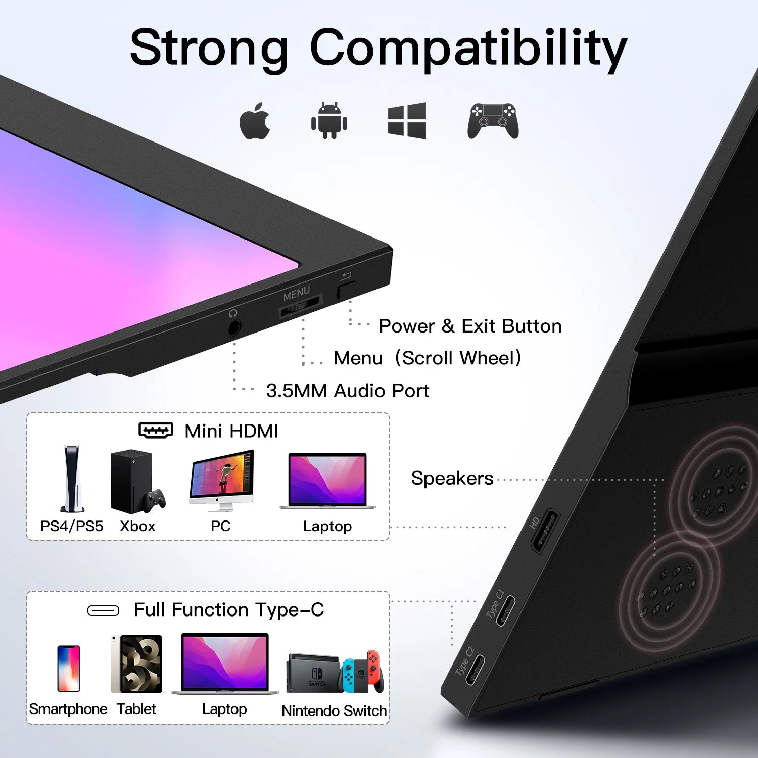 Monitor Portátil 15,6 Polegadas 1080P USB-C HDMI Ecrã Externo