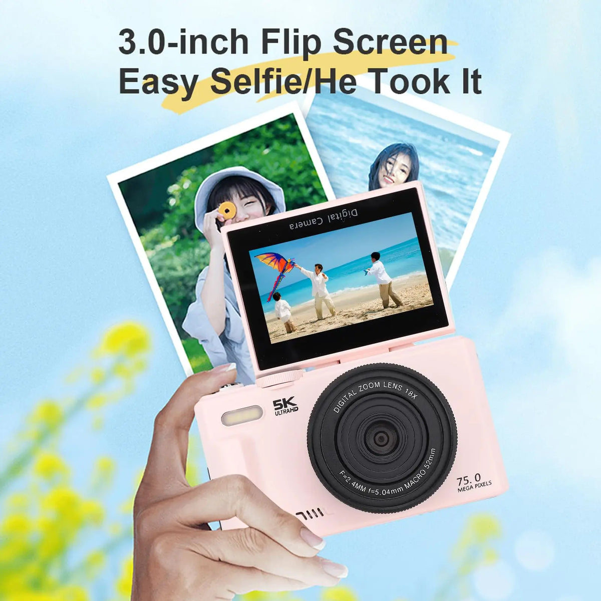 75MP Digital Camera 5K 18X Zoom Flip Screen WiFi