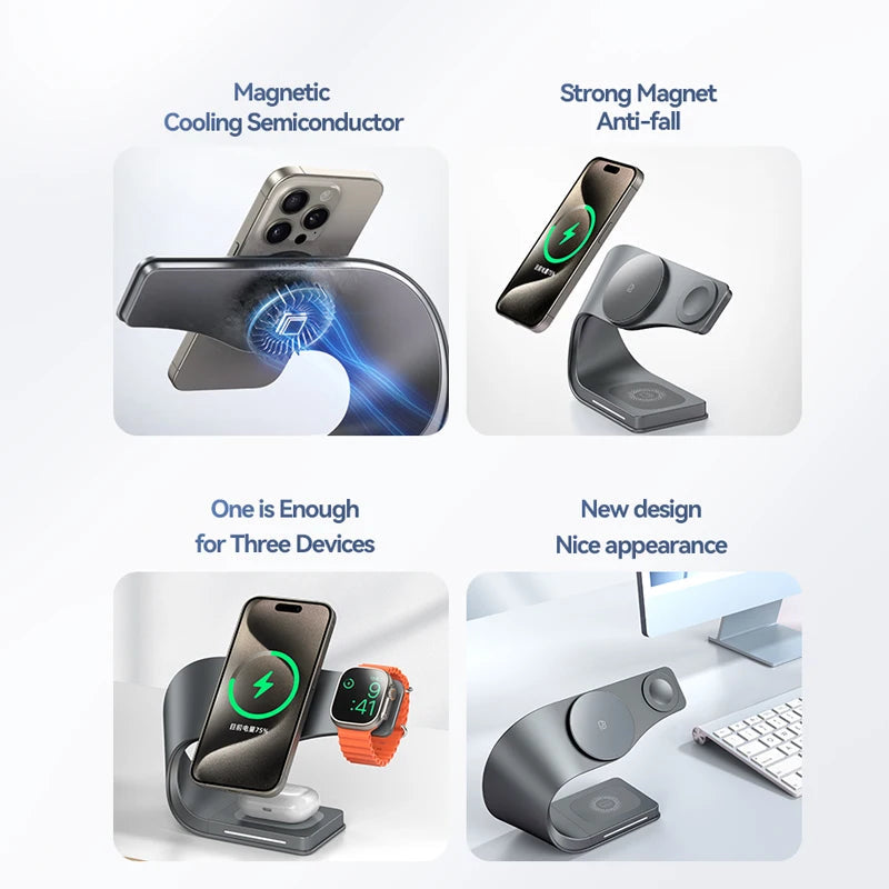 4 in 1 Wireless Charger Metal Shell  for iPhone 15 14 13 12 Magnetic Fast Charging Station Stand Dock for Apple Airpods Watch 