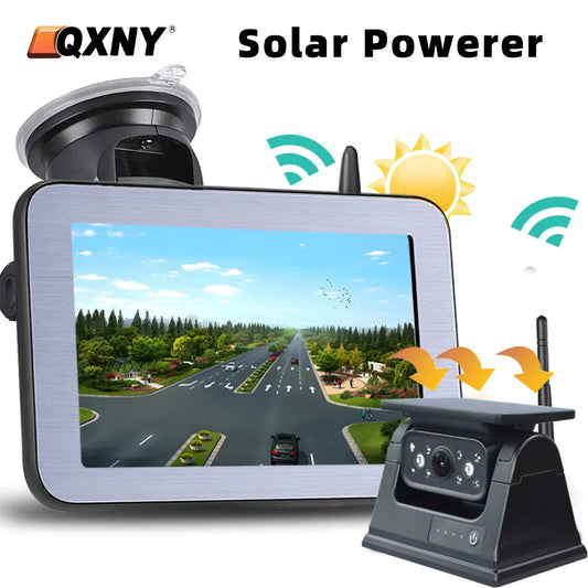QXNY Wireless Solar Powered Energy Magnet Reverse Backup Camera with AHD 5"  Rear View Monitor for Camper Truck Trailer Rv 
